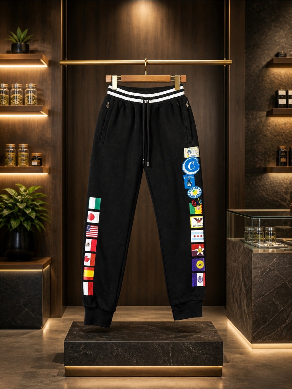 Mens Black Patchwork Joggers | Streetwear Global Flag & Strain Patches